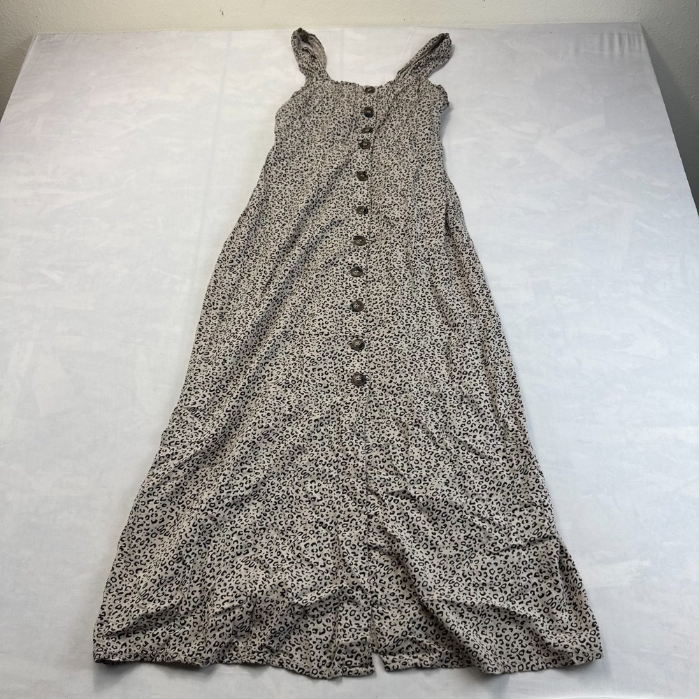 Japna Tank Dress Womens Small Gray Black Leopard Print Smocked Back Button Front